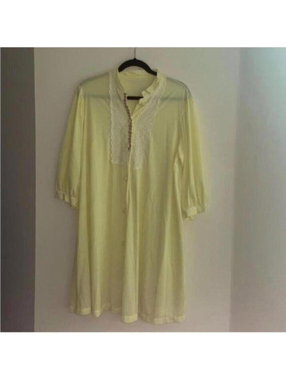 Vintage Yellow Button Down Pink Floral Embroider Lacer Trim Nightgown Lingerie